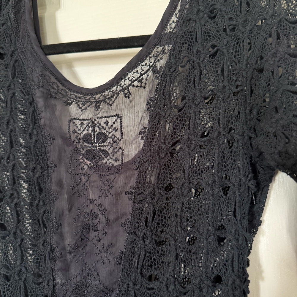 Free People Black Sheath Dress Plunge Neckline 3/4 Sleeve